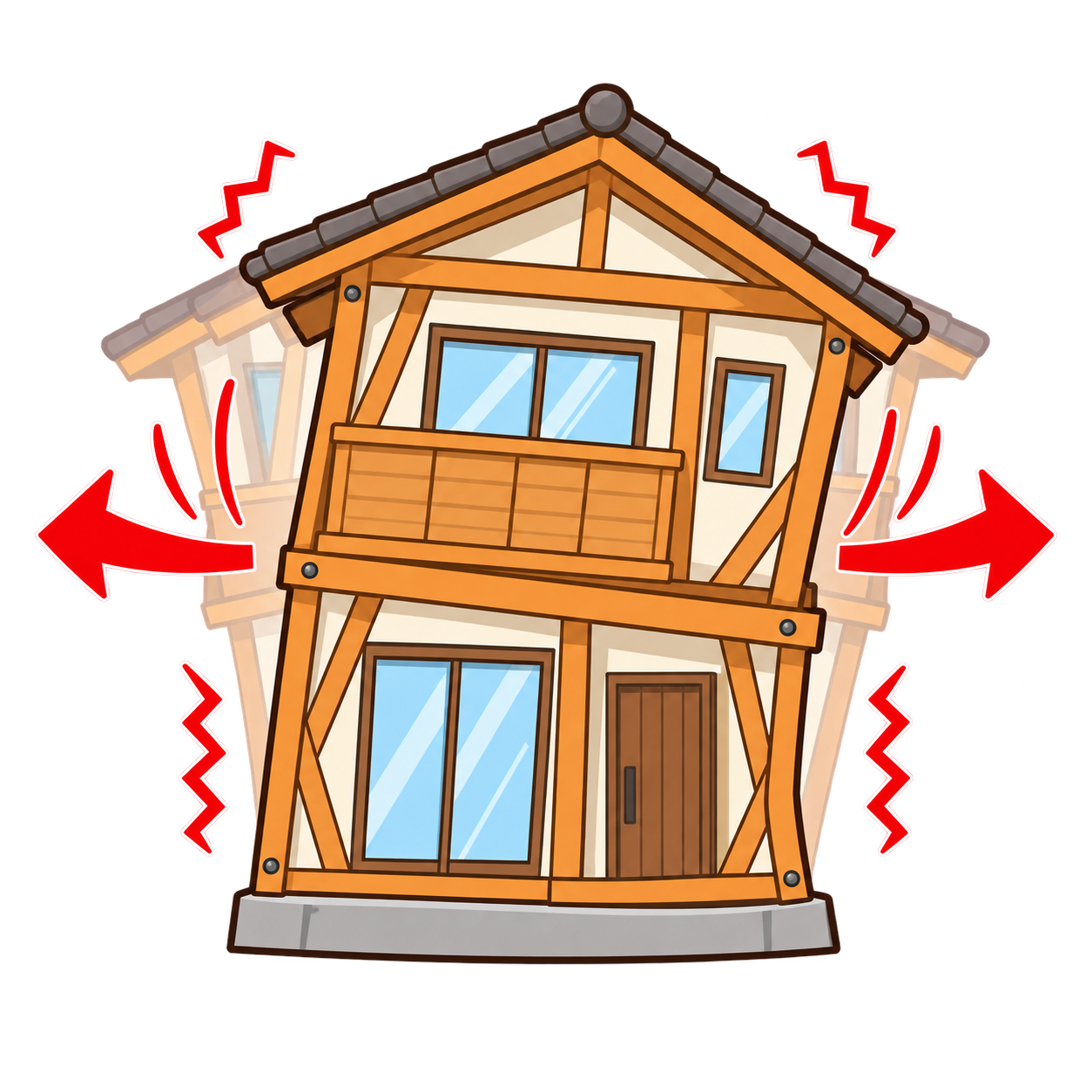 大きく揺れて変形する耐震等級1の住宅イメージ